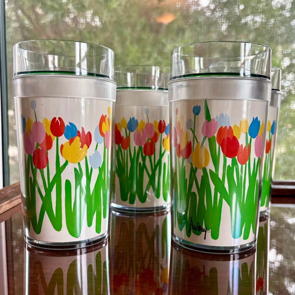 Vintage Thermo-Serv Audrey  Spring Tulip Floral Acrylic Tumblers Set of 4